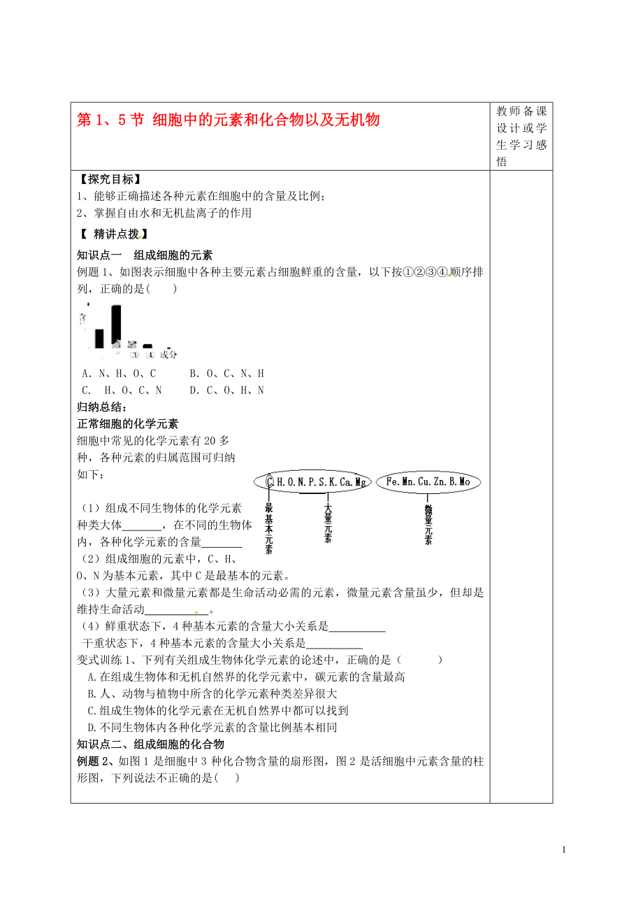 山东省高密市第三中学高中生物 第2章 第1、5节 节细胞中的元素和化合物以及无机物课内探究案 新人教版必修1_第1页