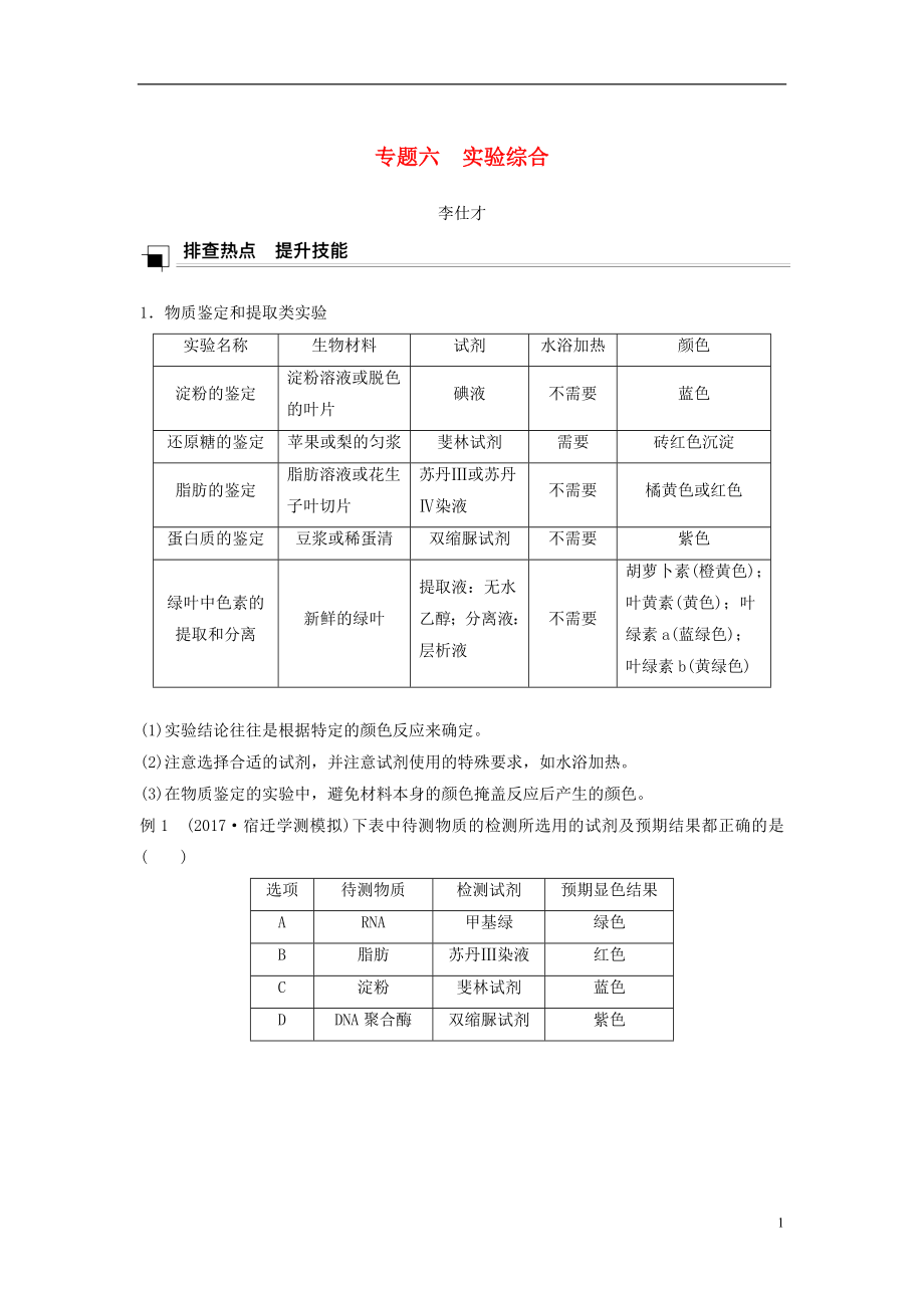 （江蘇專版）2019高考生物專題復(fù)習(xí) 專題六 實(shí)驗(yàn)綜合學(xué)案（含解析）_第1頁(yè)