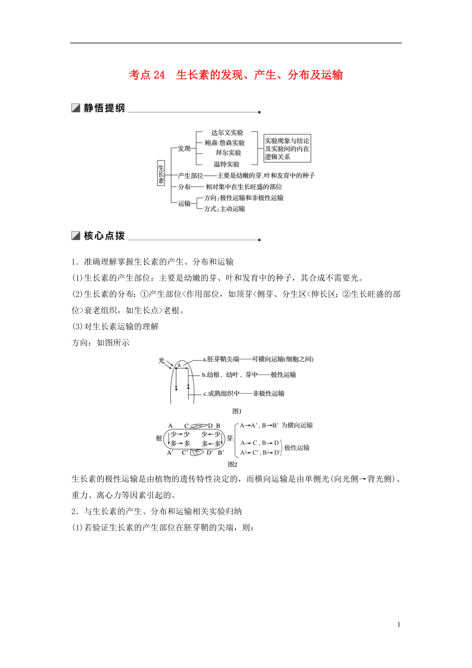 （通用版）2019版高考生物二輪復習 專題八 植物的激素調(diào)節(jié) 考點24 生長素的發(fā)現(xiàn)、產(chǎn)生、分布及運輸學案_第1頁