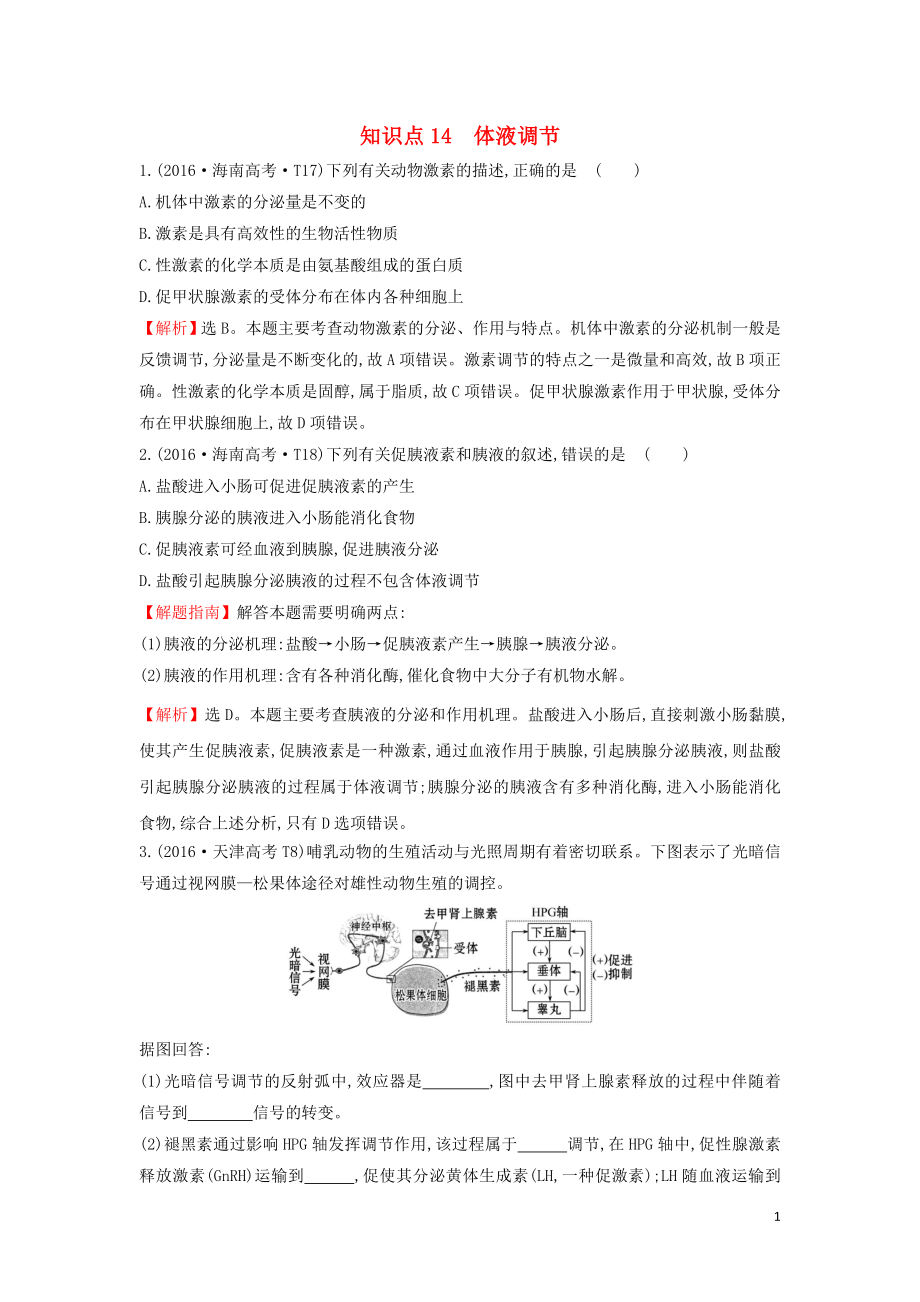 2020屆高考生物一輪復(fù)習(xí) 高考真題分類題庫(kù) 2016年知識(shí)點(diǎn)14 體液調(diào)節(jié)（含解析）_第1頁(yè)