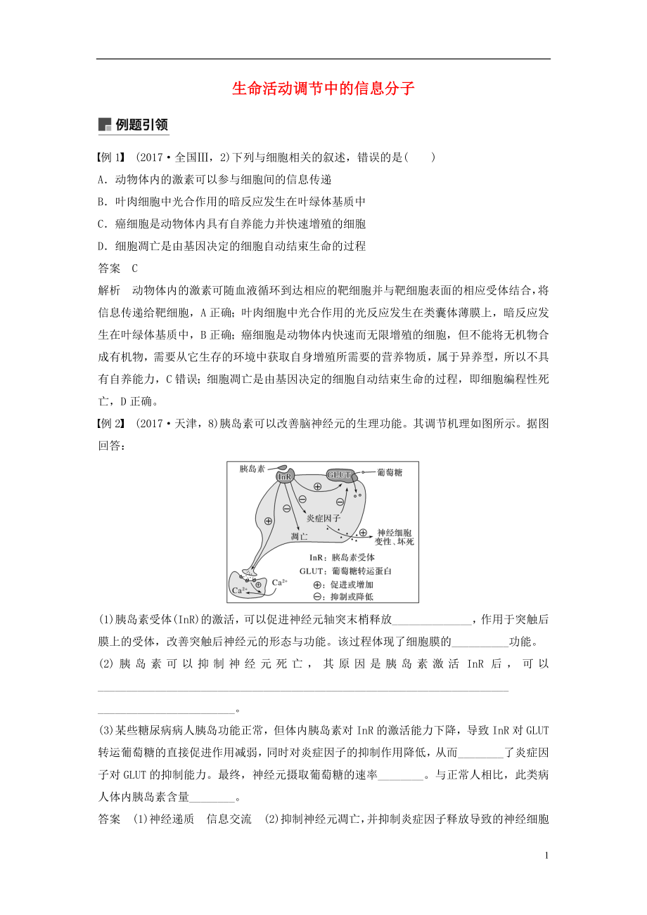 （全國通用版）2019高考生物二輪復習 專題五 生命活動調(diào)節(jié) 小專題5 生命活動調(diào)節(jié)中的信息分子學案_第1頁