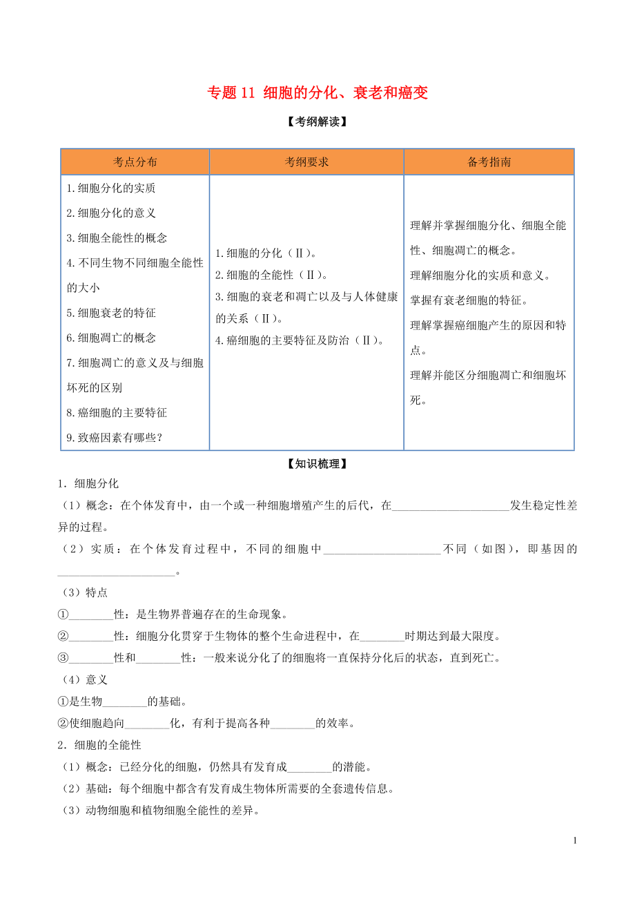 2020年领军高考生物一轮复习 专题11 细胞的分化、衰老和癌变（含解析）_第1页