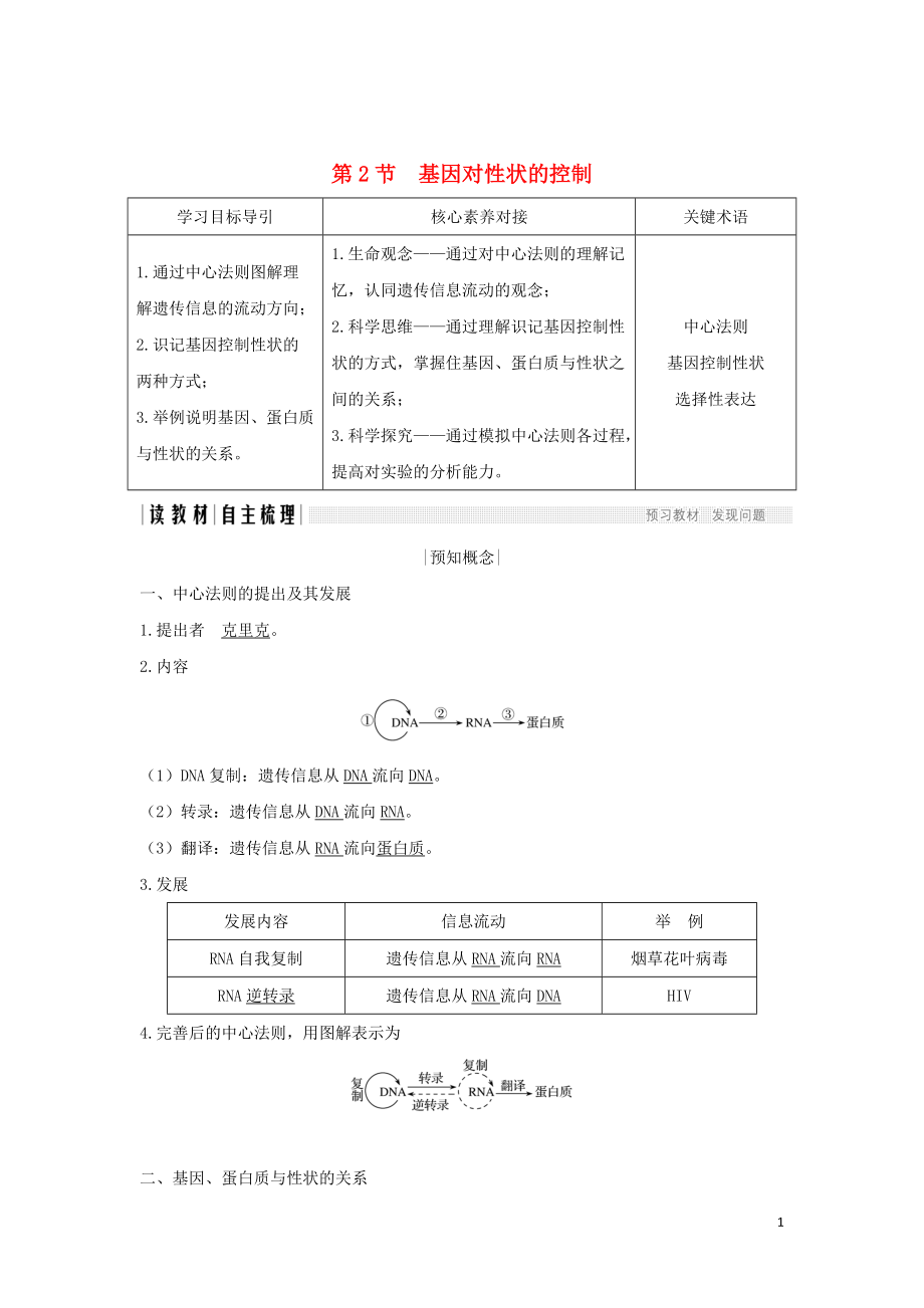 （新課改地區(qū)）2018-2019學(xué)年高中生物 第4章 基因的表達 第2節(jié) 基因?qū)π誀畹目刂茖W(xué)案 新人教版必修2_第1頁