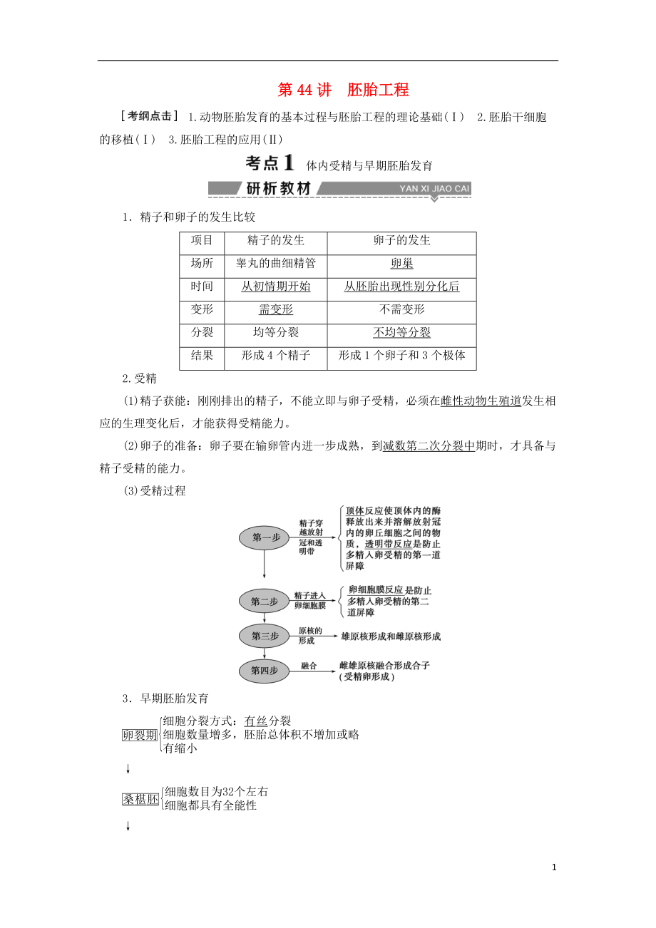 （全國(guó)）2018版高考生物大一輪復(fù)習(xí) 第十二單元 現(xiàn)代生物科技專題 第44講 胚胎工程學(xué)案_第1頁