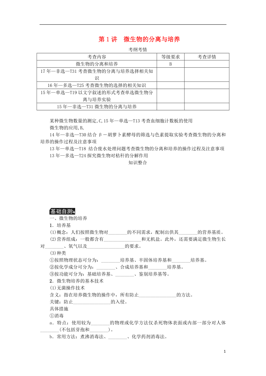 （江蘇專用）2019年高考生物一輪總復(fù)習(xí) 第12單元 生物技術(shù)實踐 第1講 微生物的分離與培養(yǎng)學(xué)案_第1頁