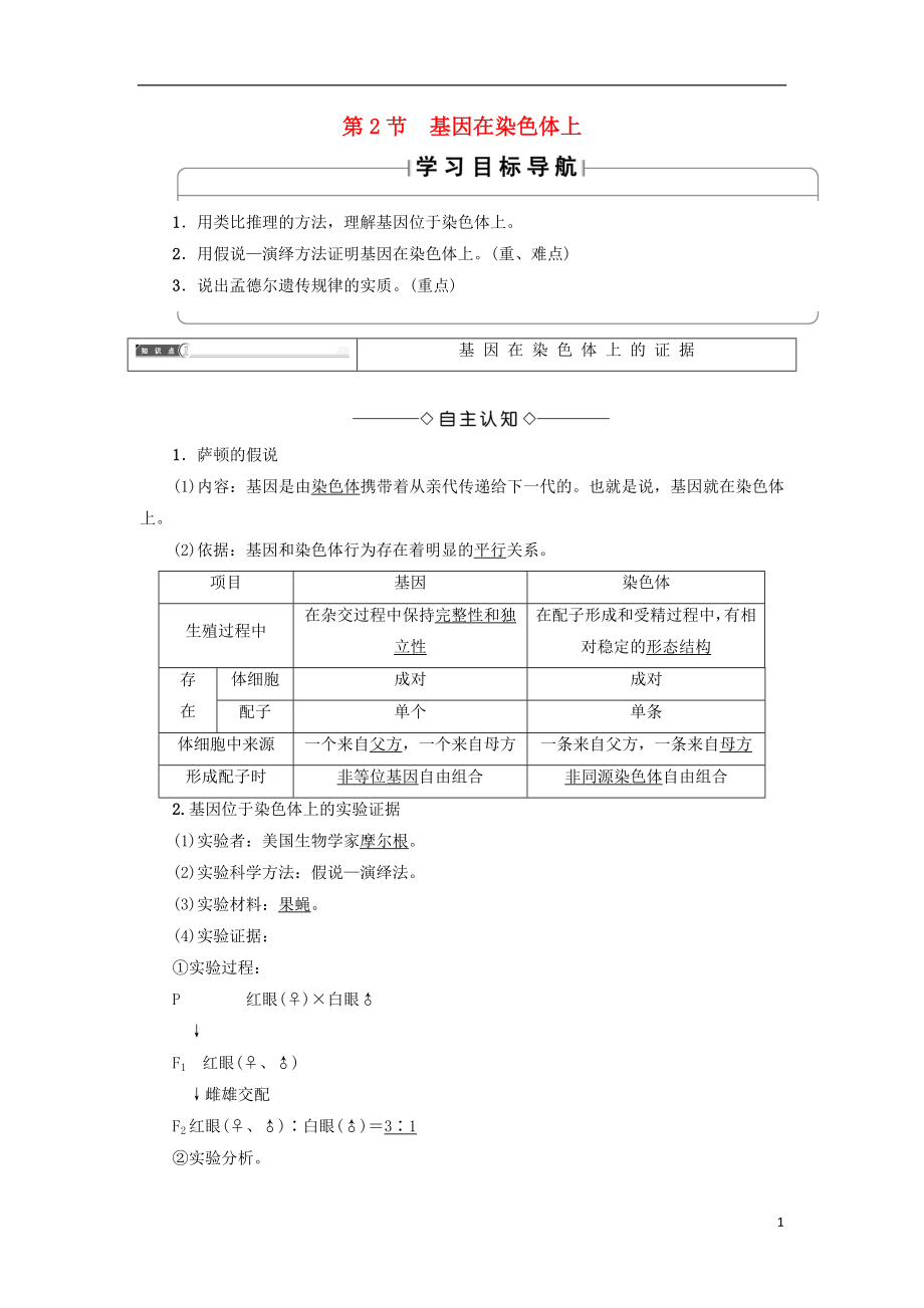 2018版高中生物 第二章 基因和染色體的關(guān)系 第2節(jié) 基因在染色體上學(xué)案 新人教版必修2_第1頁(yè)