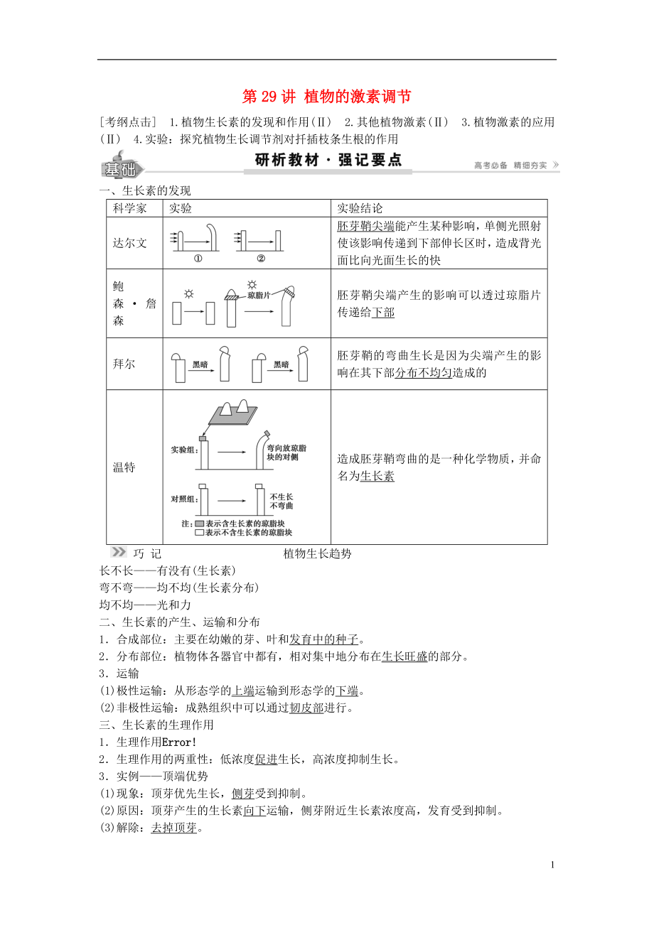 2017高考生物總復(fù)習(xí) 第8單元 第29講 植物的激素調(diào)節(jié)學(xué)案_第1頁