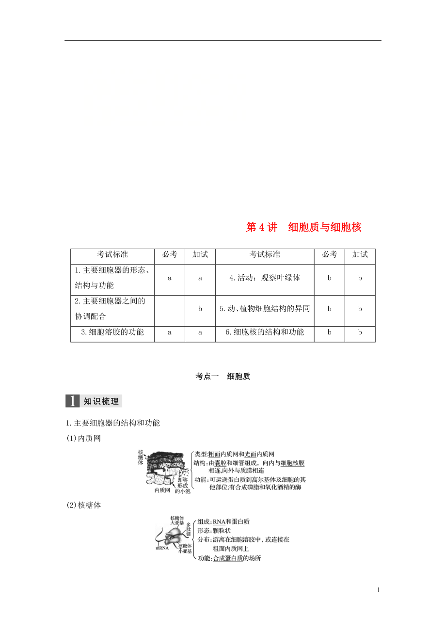 （浙江選考）2019版高考生物一輪總復(fù)習(xí) 第一單元 細(xì)胞的分子組成與結(jié)構(gòu) 第4講 細(xì)胞質(zhì)與細(xì)胞核學(xué)案_第1頁