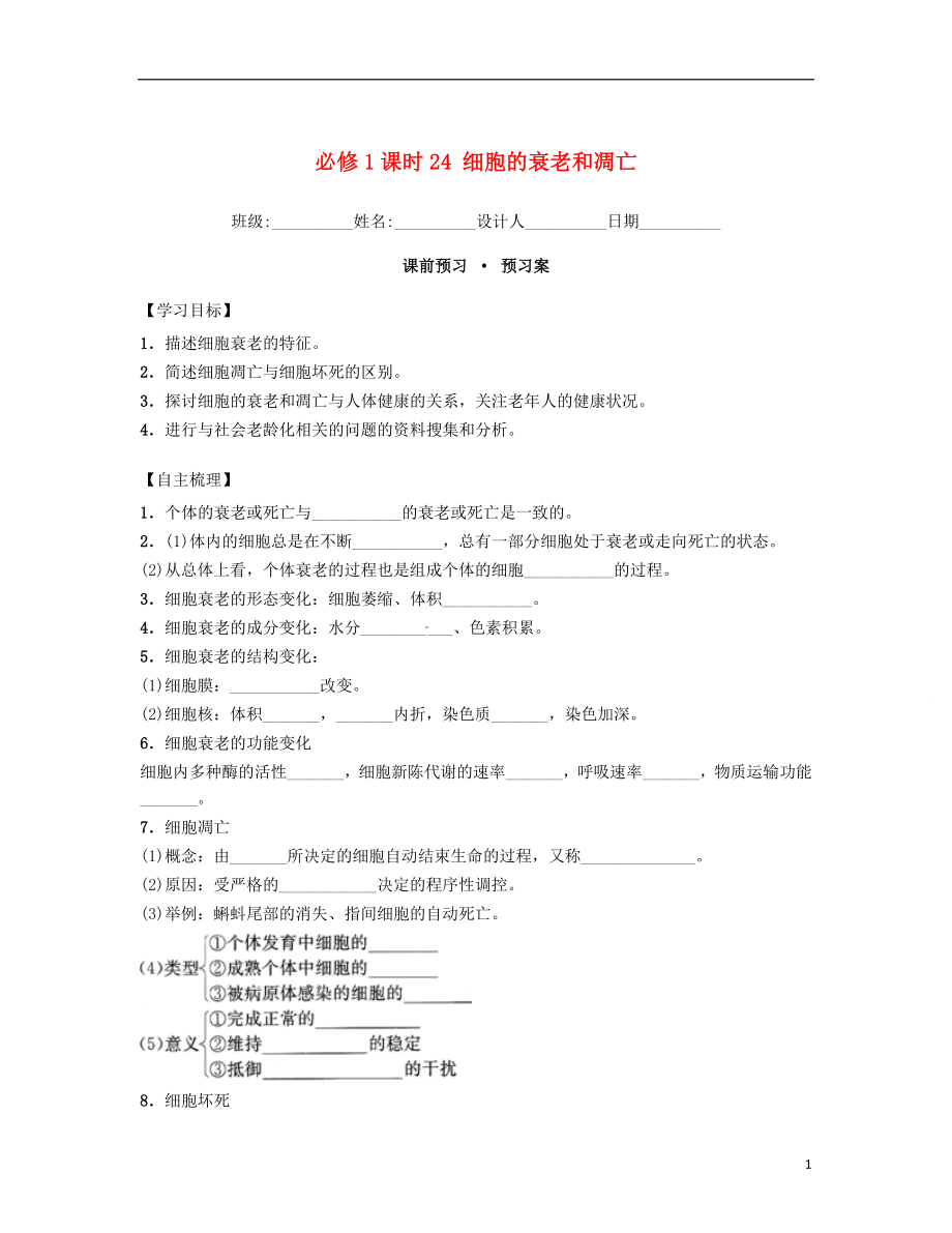 內(nèi)蒙古杭錦后旗奮斗中學(xué)2015-2016學(xué)年高中生物 課時24 細(xì)胞的衰老和凋亡導(dǎo)學(xué)案 新人教版必修1_第1頁