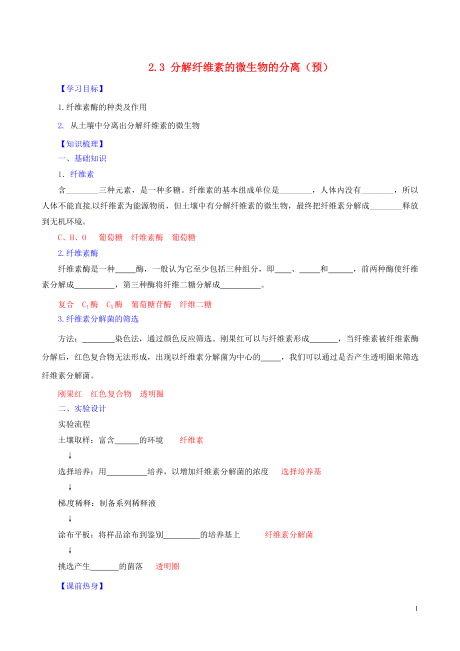 2016-2017學(xué)年高中生物 第二章 分解纖維素的微生物的分離 2.3 分解纖維素的微生物的分離（預(yù)）（基礎(chǔ)版含解析）新人教版選修1_第1頁