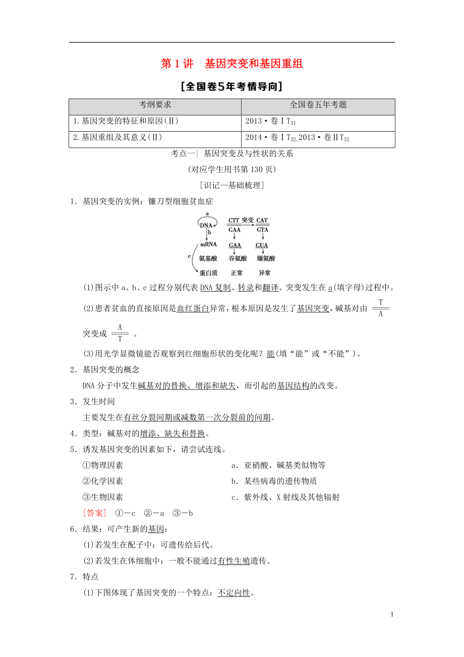 （全國(guó)版）2019版高考生物一輪復(fù)習(xí) 第7單元 生物的變異、育種和進(jìn)化 第1講 基因突變和基因重組學(xué)案_第1頁(yè)