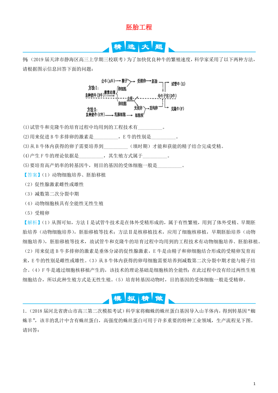 2019高考生物三輪沖刺 大題提分 大題精做15 胚胎工程（含解析）_第1頁