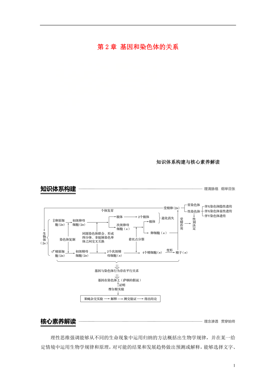 （粵渝冀遼蘇皖閩鄂湘津京魯瓊專用）2018-2019學(xué)年高中生物 第2章 基因和染色體的關(guān)系知識(shí)體系構(gòu)建與核心素養(yǎng)解讀學(xué)案 新人教版必修2_第1頁