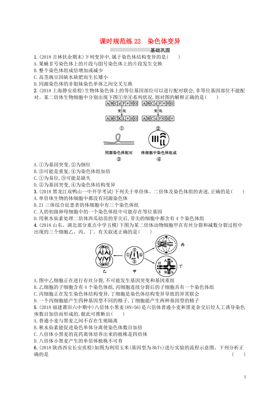 2020版高考生物大一輪復(fù)習 第7單元 生物的變異和進化 課時規(guī)范練22 染色體變異 新人教版_第1頁