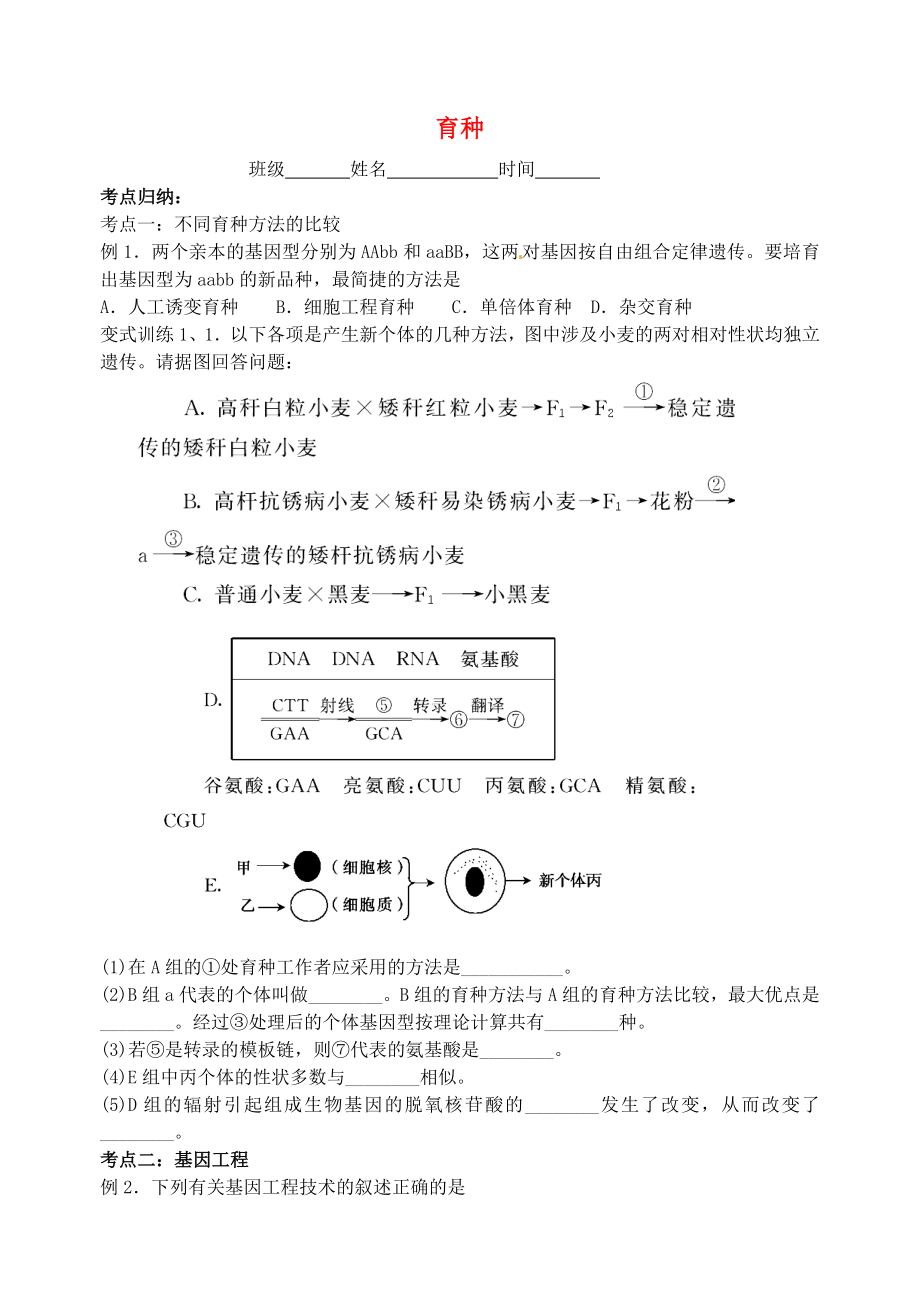 江蘇省大豐市南陽中學(xué)2015屆高考生物一輪復(fù)習(xí) 育種學(xué)案 蘇教版必修2_第1頁