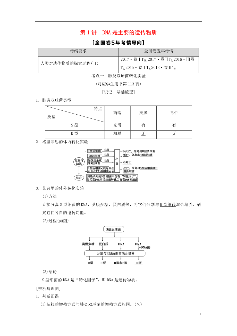 （全國(guó)版）2019版高考生物一輪復(fù)習(xí) 第6單元 遺傳的分子基礎(chǔ) 第1講 DNA是主要的遺傳物質(zhì)學(xué)案_第1頁(yè)