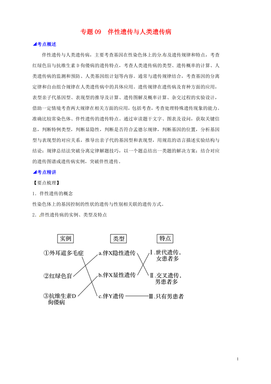 2019高考生物 核心考點特色突破 專題09 伴性遺傳與人類遺傳病_第1頁