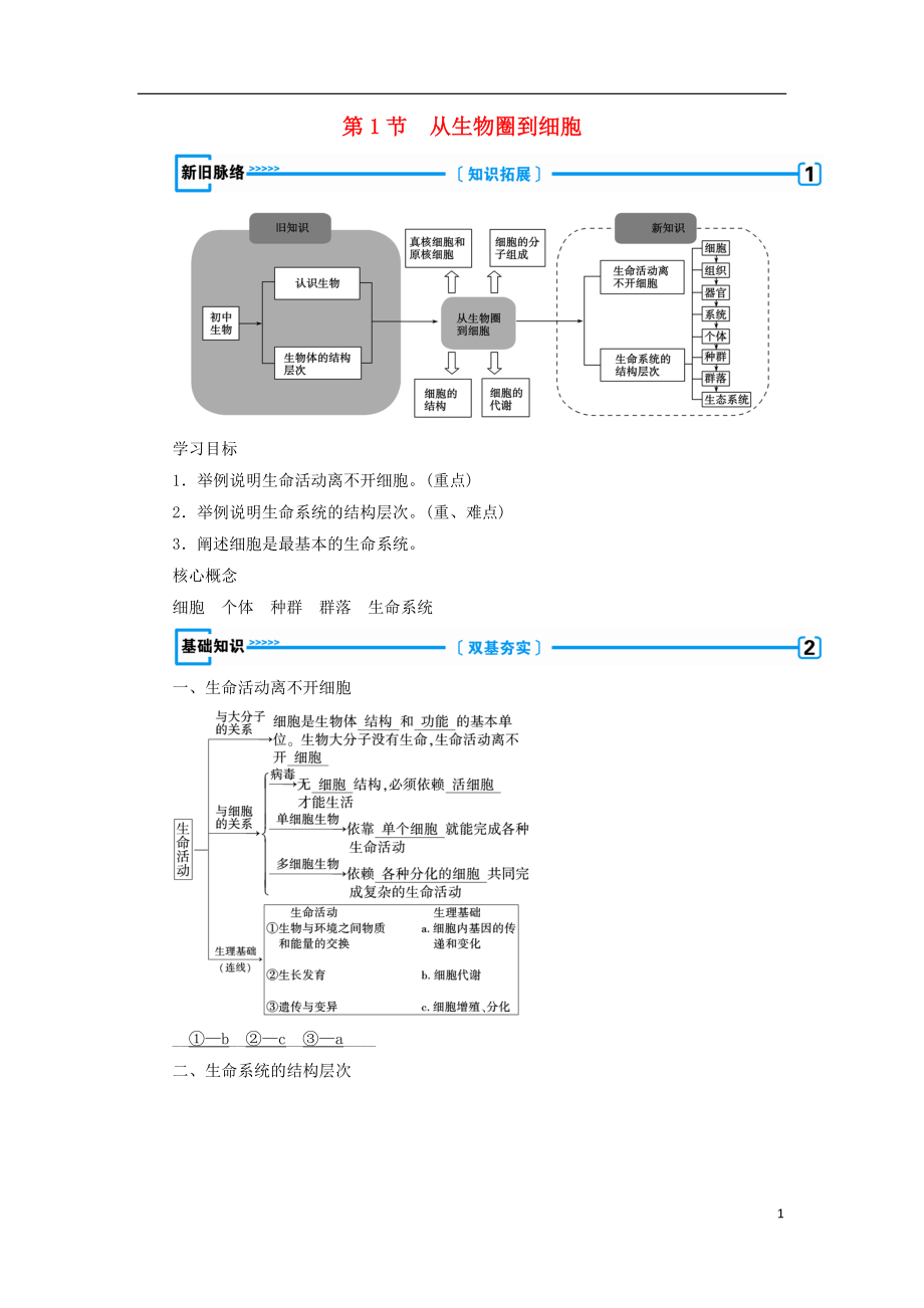 2018年秋高中生物 第一章 走近细胞第1节 从生物圈到细胞学案 新人教版必修1_第1页