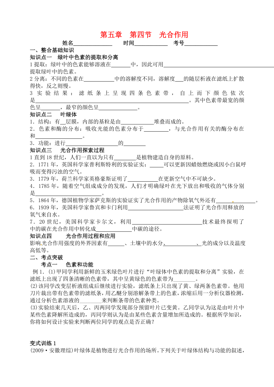 江苏省大丰市南阳中学2015届高考生物一轮复习 光合作用学案 苏教版必修1_第1页