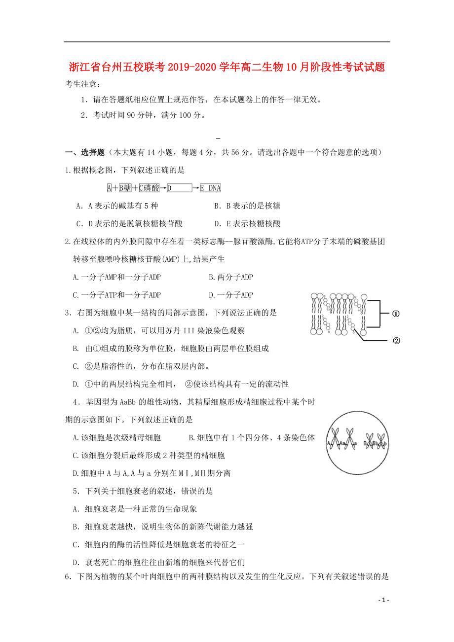 浙江省台州五校联考2019-2020学年高二生物10月阶段性考试试题_第1页