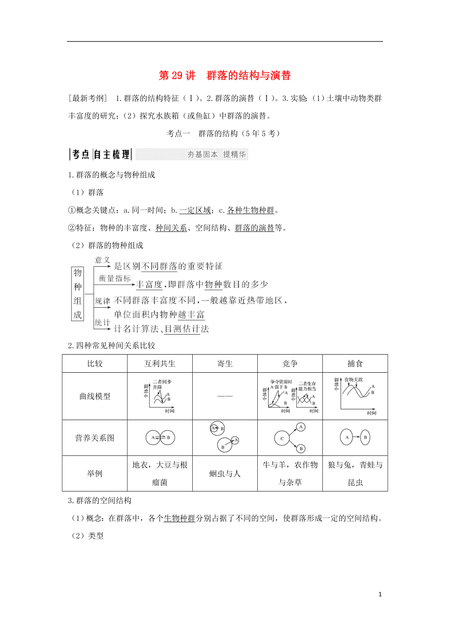 （江蘇專版）2019版高考生物大一輪復習 第九單元 生物與環(huán)境 第29講 群落的結(jié)構(gòu)與演替學案_第1頁