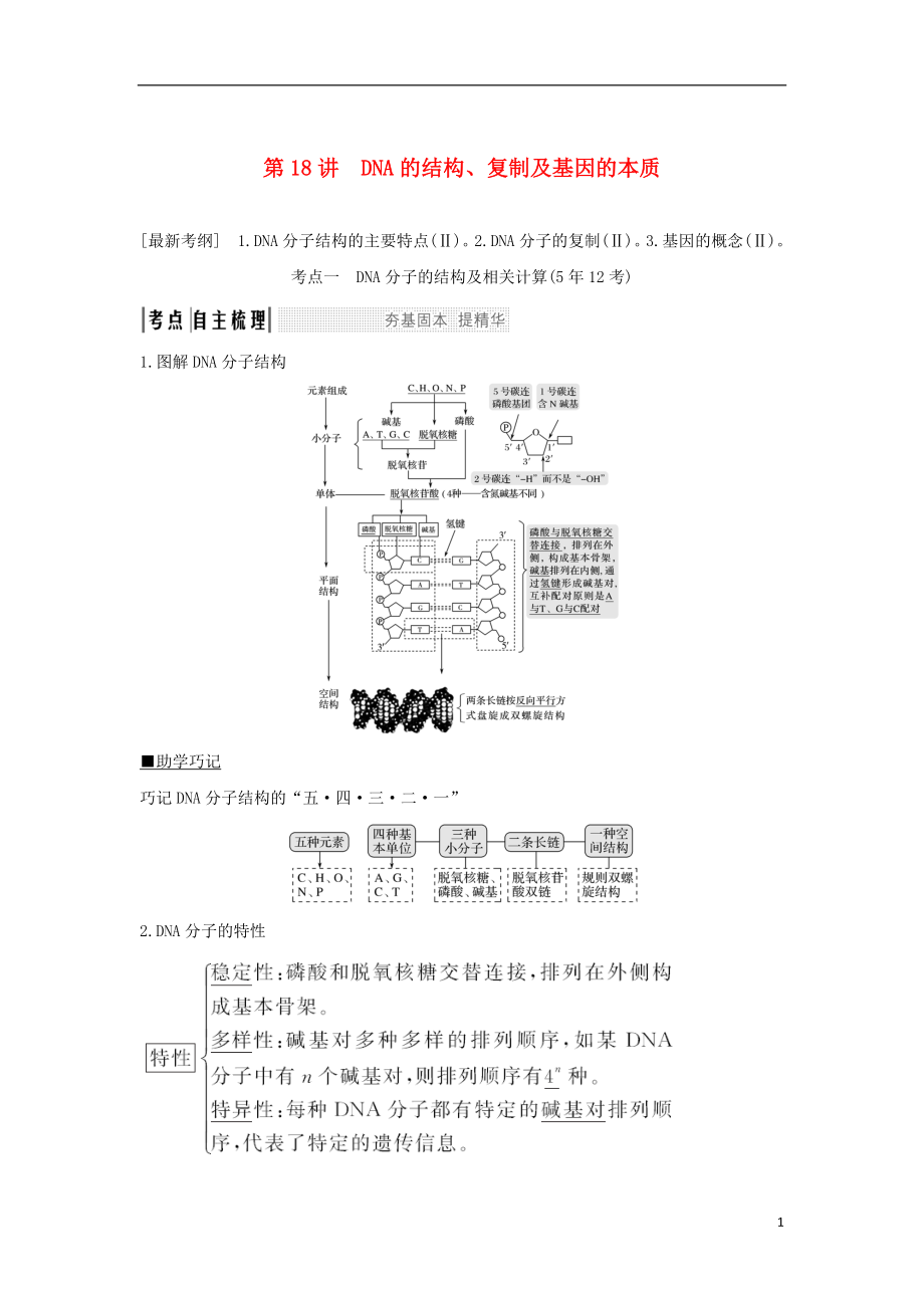 2018屆高考生物一輪復(fù)習(xí) 第六單元 遺傳的分子基礎(chǔ) 第18講 DNA的結(jié)構(gòu)、復(fù)制及基因的本質(zhì)學(xué)案_第1頁(yè)