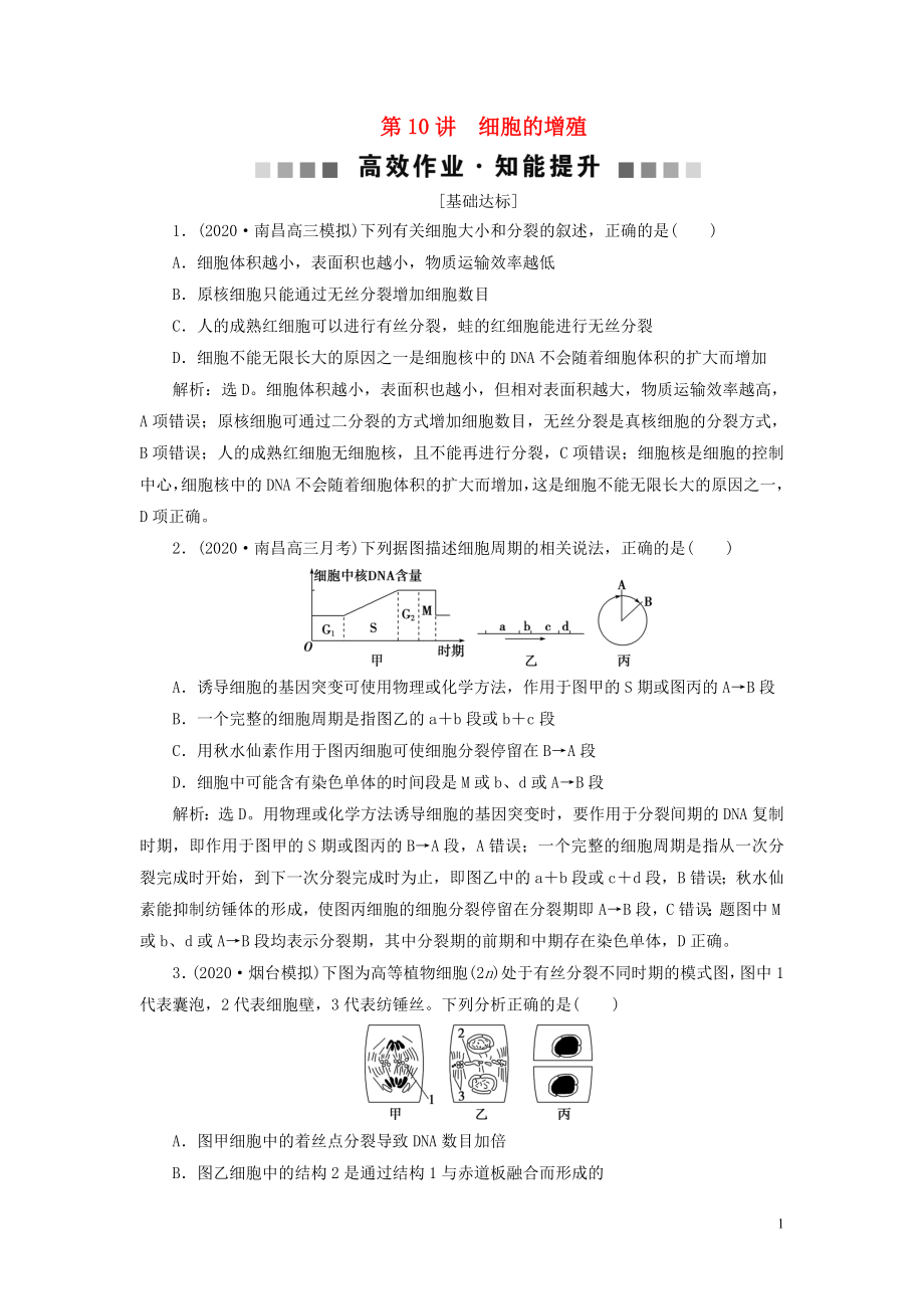 （選考）2021版新高考生物一輪復習 第四單元 細胞的生命歷程 第10講 細胞的增殖高效作業(yè)知能提升 新人教版_第1頁