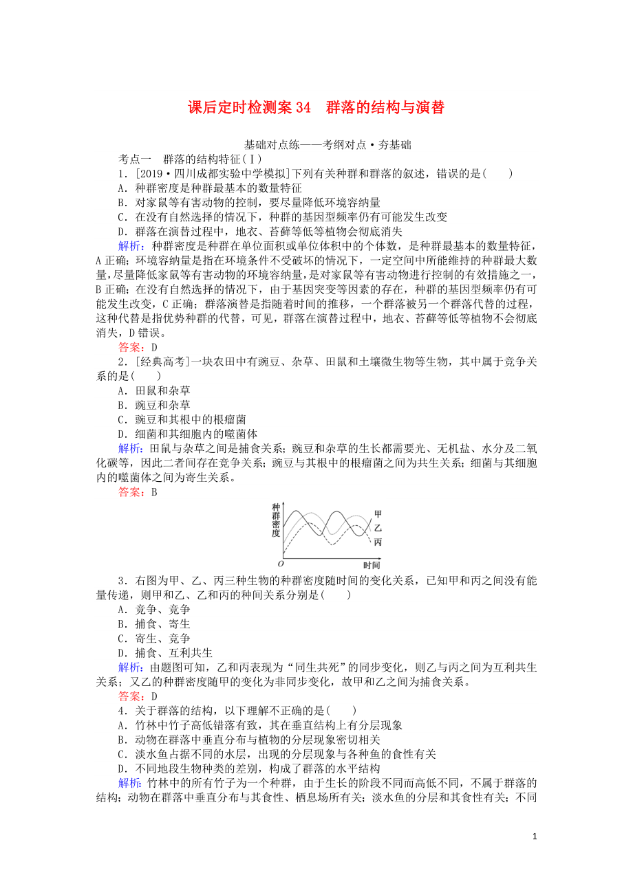 2020版高考生物一輪復(fù)習(xí) 課后定時(shí)檢測(cè)案34 群落的結(jié)構(gòu)與演替（含解析）_第1頁(yè)