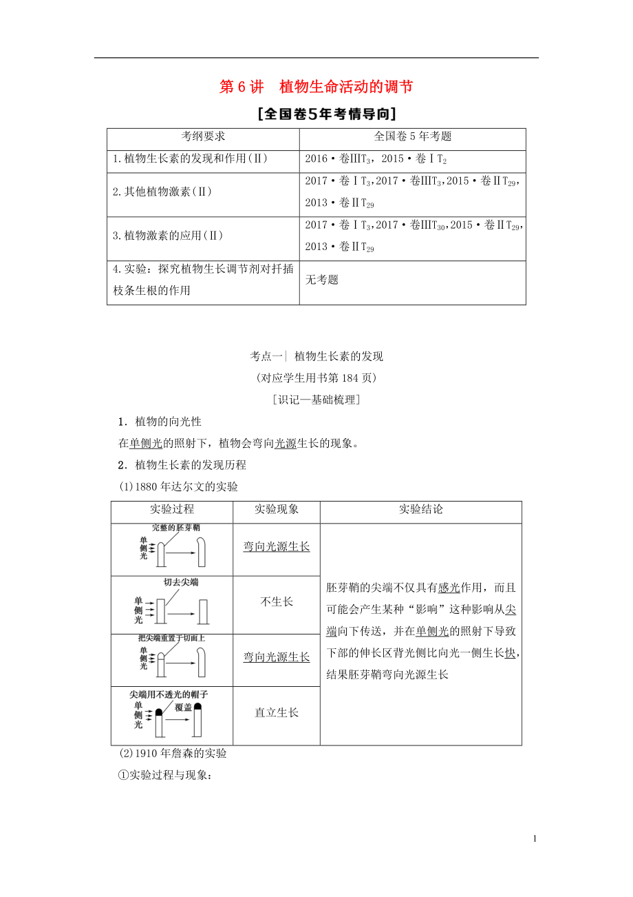 2019版高考生物一轮复习 第8单元 生物个体的稳态 第6讲 植物生命活动的调节学案 苏教版_第1页