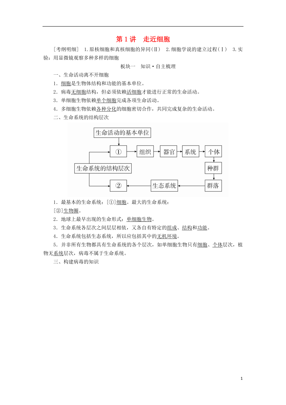 （全國版）2019版高考生物一輪復(fù)習(xí) 第1講 走近細胞培優(yōu)學(xué)案_第1頁