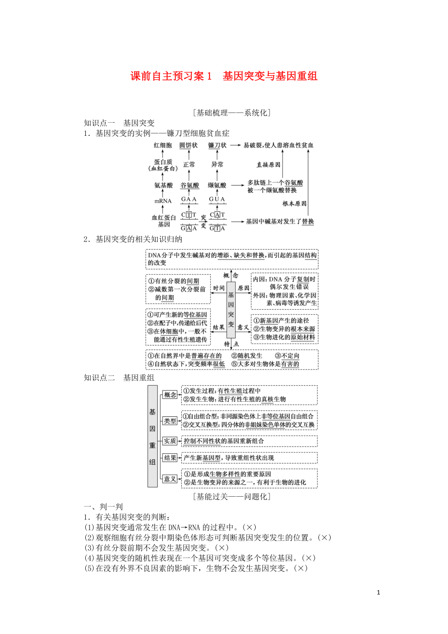 2020版高考生物一輪復(fù)習(xí) 課前自主預(yù)習(xí)案1 基因突變與基因重組_第1頁