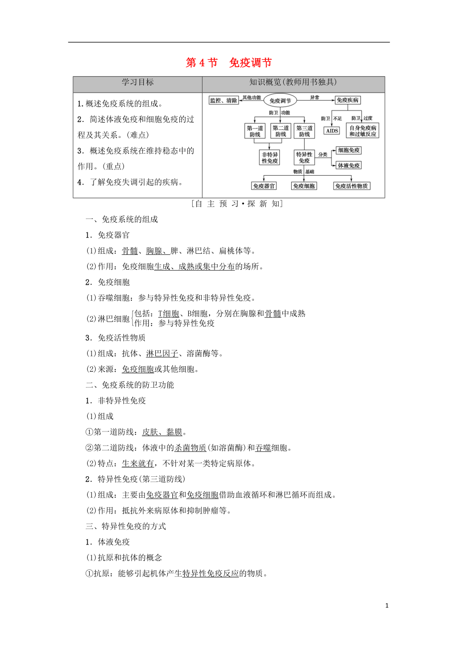 2018-2019學(xué)年高中生物 第二章 動物和人體生命活動的調(diào)節(jié) 第4節(jié) 免疫調(diào)節(jié)學(xué)案 新人教版必修3_第1頁