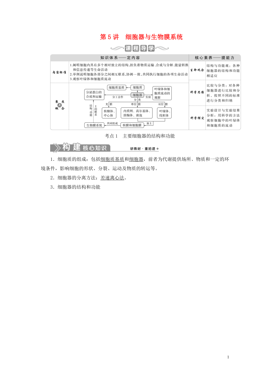 （選考）2021版新高考生物一輪復(fù)習(xí) 第二單元 細(xì)胞的結(jié)構(gòu)和物質(zhì)運(yùn)輸 第5講 細(xì)胞器與生物膜系統(tǒng)學(xué)案 新人教版_第1頁(yè)