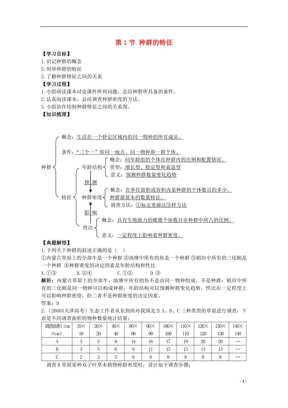 高中生物 第二單元 生物群體的穩(wěn)態(tài)與調(diào)節(jié) 第一章 種群的穩(wěn)態(tài)與調(diào)節(jié) 2.1.1 種群的特征（第3課時）學(xué)案（無答案）中圖版必修3_第1頁