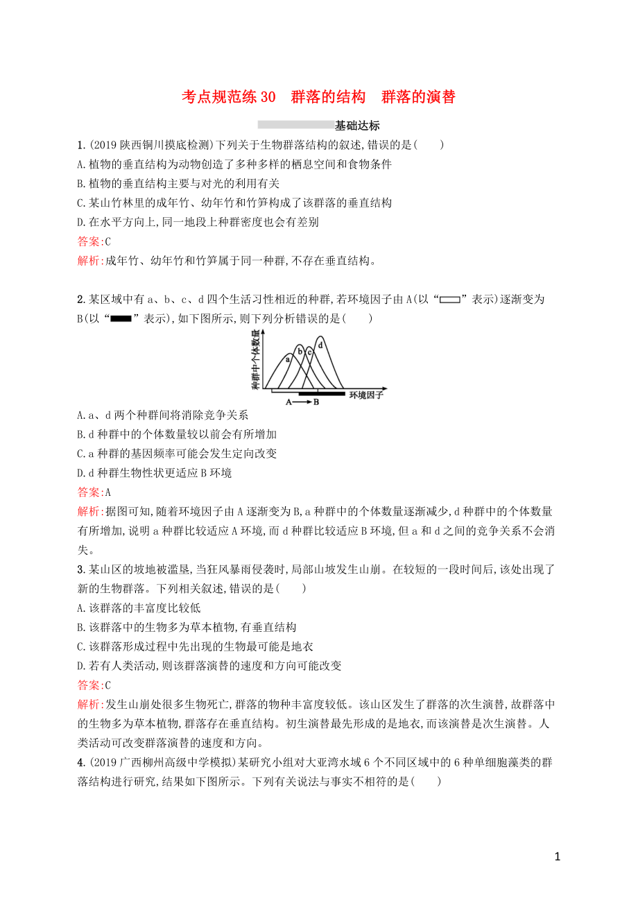 （廣西專用）2021版高考生物一輪復習 考點規(guī)范練30 群落的結(jié)構 群落的演替（含解析）新人教版_第1頁