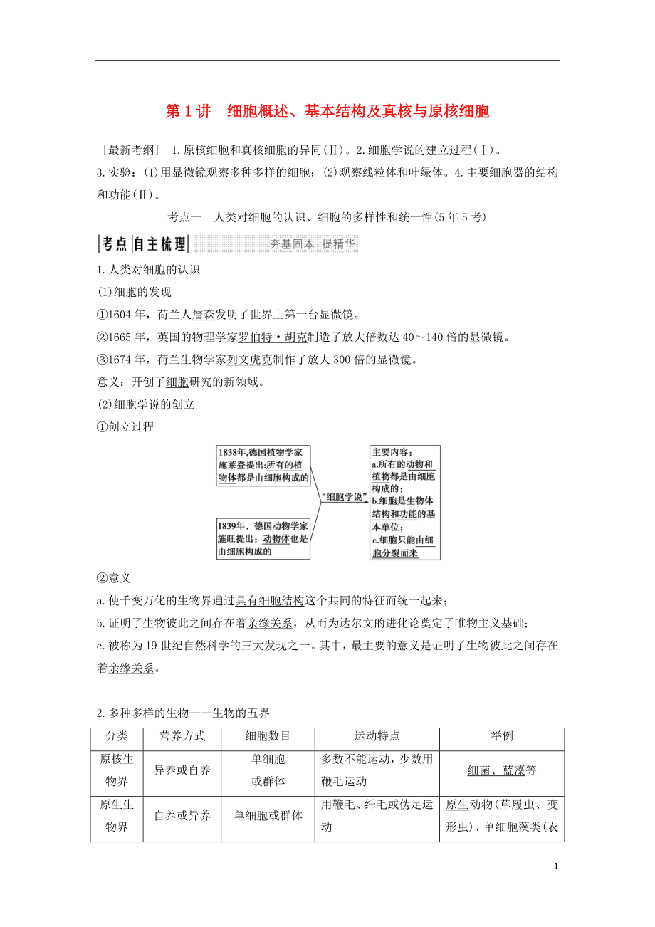 2019版高考生物一輪復(fù)習(xí) 第一單元 有機(jī)體中的細(xì)胞 第1講 細(xì)胞概述、基本結(jié)構(gòu)及真核與原核細(xì)胞創(chuàng)新備考學(xué)案 中圖版_第1頁