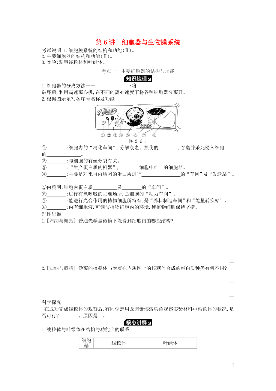 2019版高考生物一輪復習 第2單元 細胞的結(jié)構(gòu)與物質(zhì)的運輸 第6講 細胞器與生物膜系統(tǒng)學案 蘇教版_第1頁