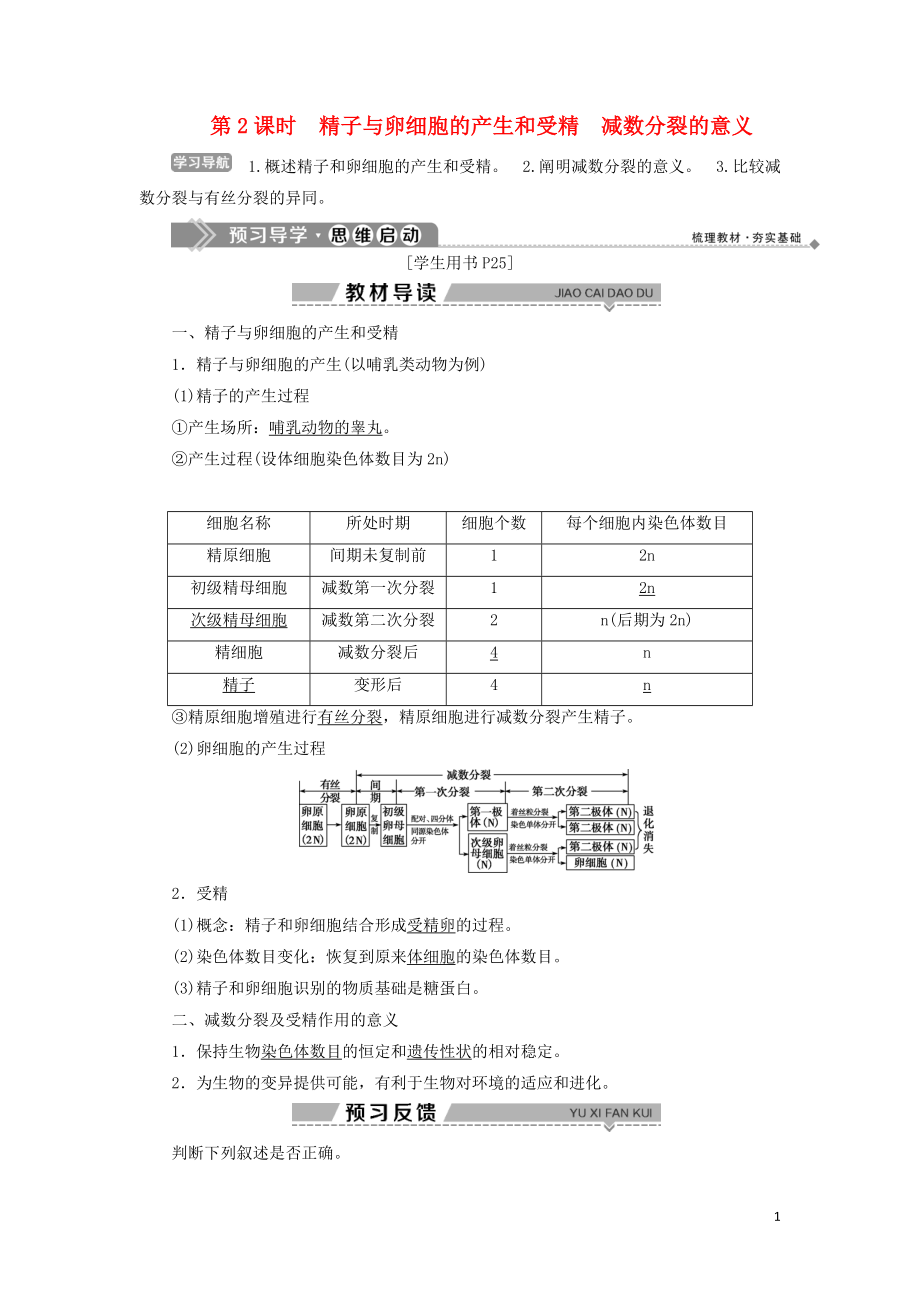 2019-2020學年高中生物 第二章 染色體與遺傳 第一節(jié) 減數(shù)分裂中的染色體行為 第2課時 精子與卵細胞的產生和受精 減數(shù)分裂的意義學案 浙科版必修2_第1頁