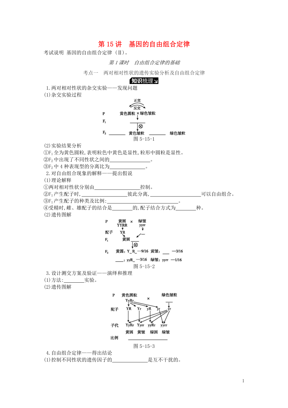 2019版高考生物一輪復(fù)習(xí) 第5單元 遺傳的基本規(guī)律和遺傳的細(xì)胞基礎(chǔ) 第15講 基因的自由組合定律（1課時）學(xué)案 蘇教版_第1頁