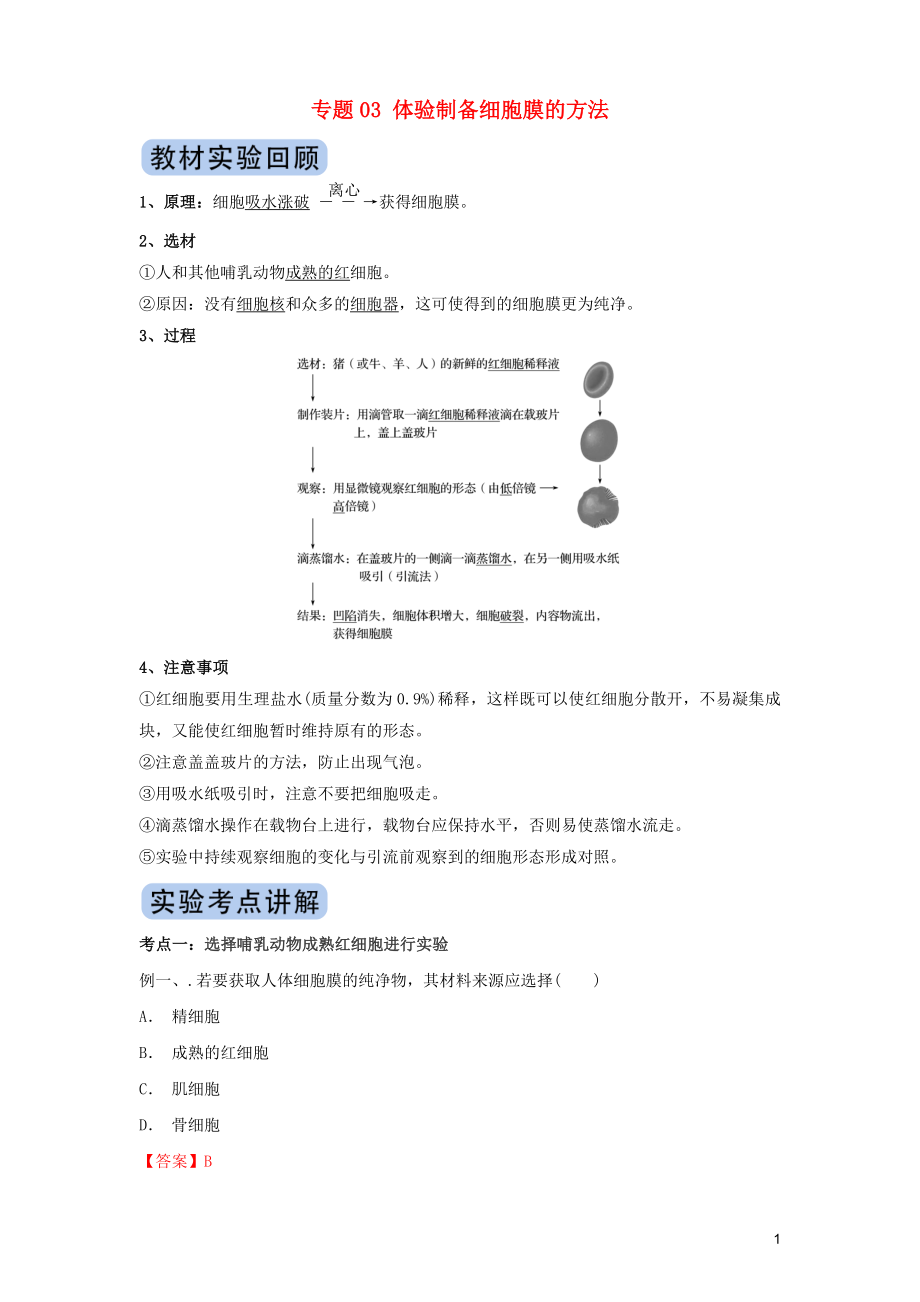 2020年高考生物實(shí)驗(yàn)突破 專題03 體驗(yàn)制備細(xì)胞膜的方法（含解析）_第1頁