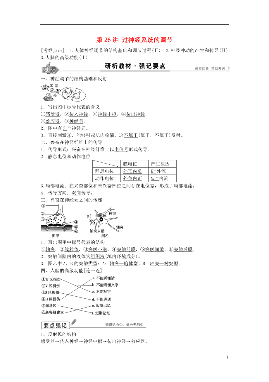 2017高考生物總復習 第8單元 第26講 通過神經(jīng)系統(tǒng)的調(diào)節(jié)學案_第1頁