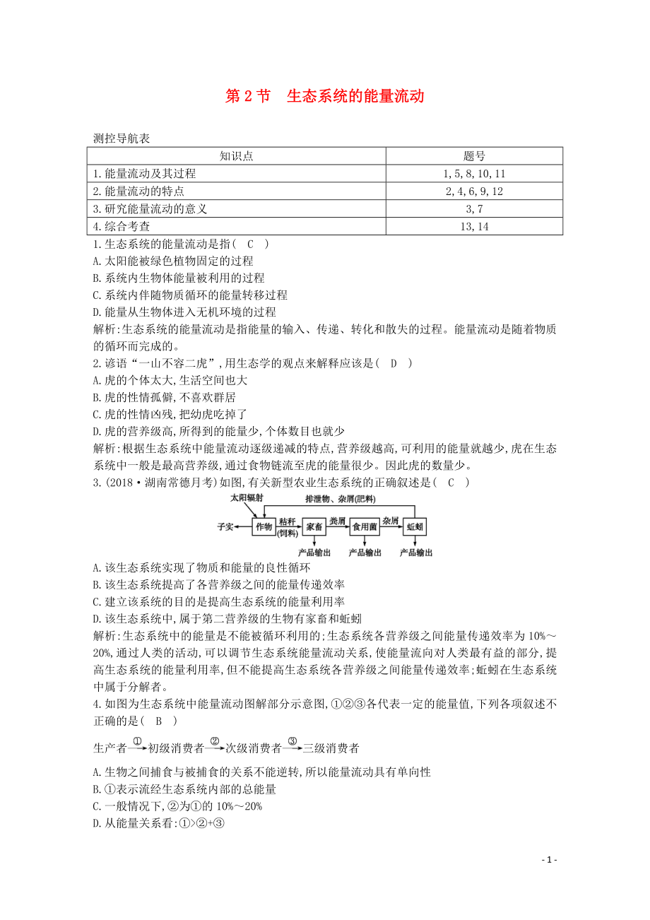 2020版高中生物 第5章 生態(tài)系統(tǒng)及其穩(wěn)定性 第2節(jié) 生態(tài)系統(tǒng)的能量流動(dòng)課時(shí)作業(yè)（含解析）新人教版必修3_第1頁(yè)