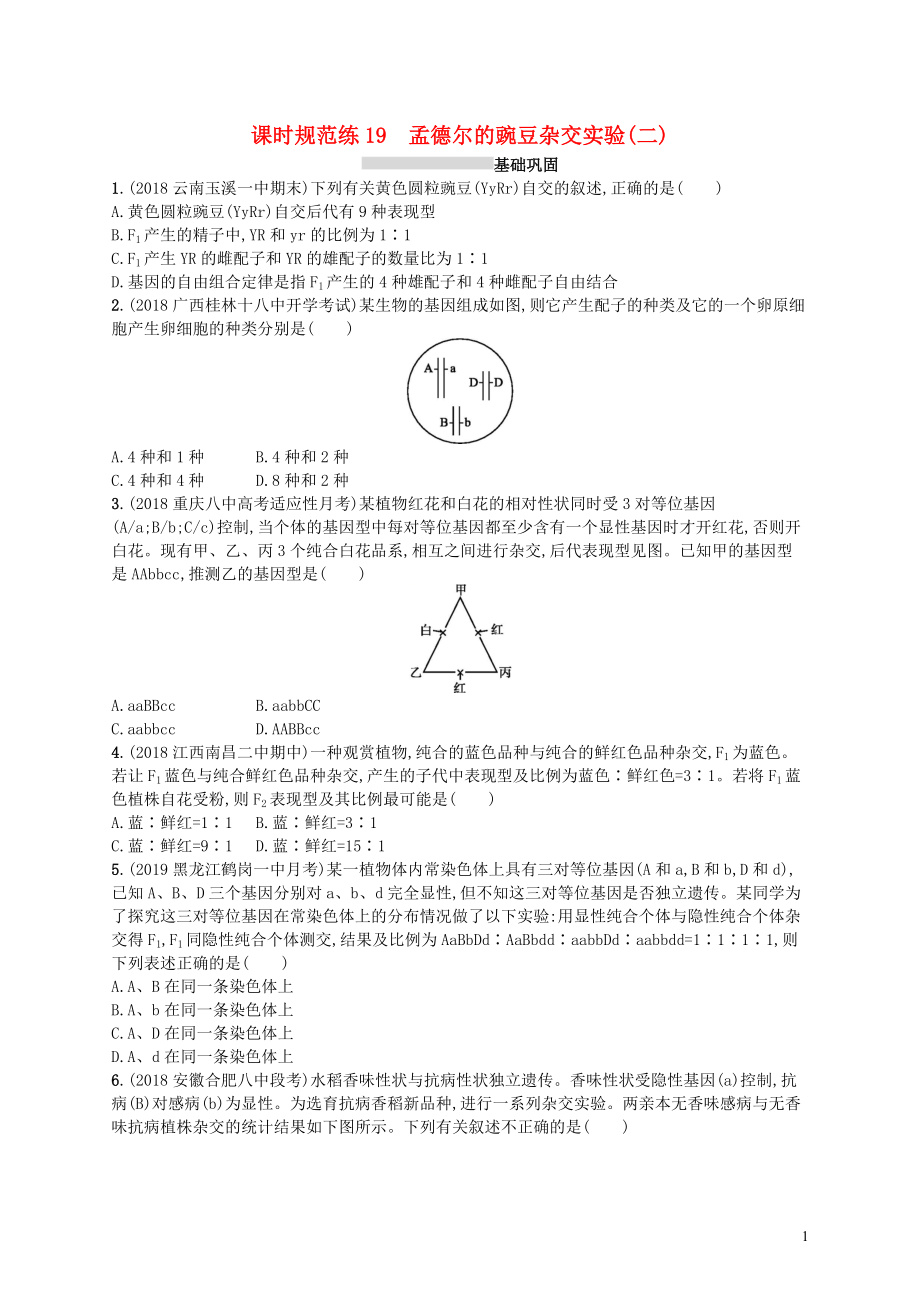 2020版高考生物大一輪復(fù)習(xí) 第6單元 孟德爾定律與伴性遺傳 課時(shí)規(guī)范練19 孟德爾的豌豆雜交實(shí)驗(yàn)(二) 新人教版_第1頁