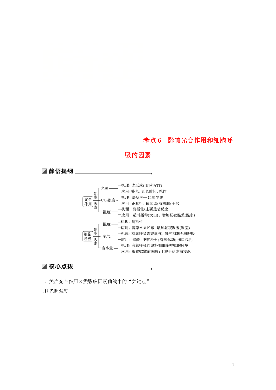 （江苏专版）2019版高考生物二轮增分策略 专题二 细胞代谢 考点6 影响光合作用和细胞呼吸的因素学案_第1页