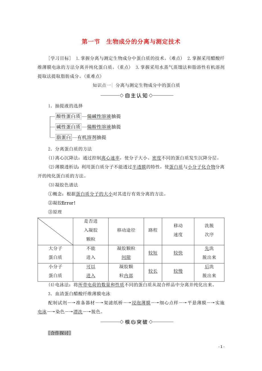 2019-2020學(xué)年高中生物 第4章 生物化學(xué)與分子生物學(xué)技術(shù)實(shí)踐 第1節(jié) 生物成分的分離與測(cè)定技術(shù)學(xué)案 蘇教版選修1_第1頁(yè)