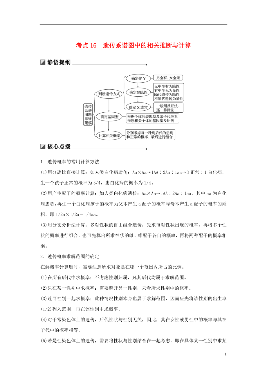 （通用版）2019版高考生物二輪復(fù)習(xí) 專題五 基因的傳遞規(guī)律 考點16 遺傳系譜圖中的相關(guān)推斷與計算學(xué)案_第1頁