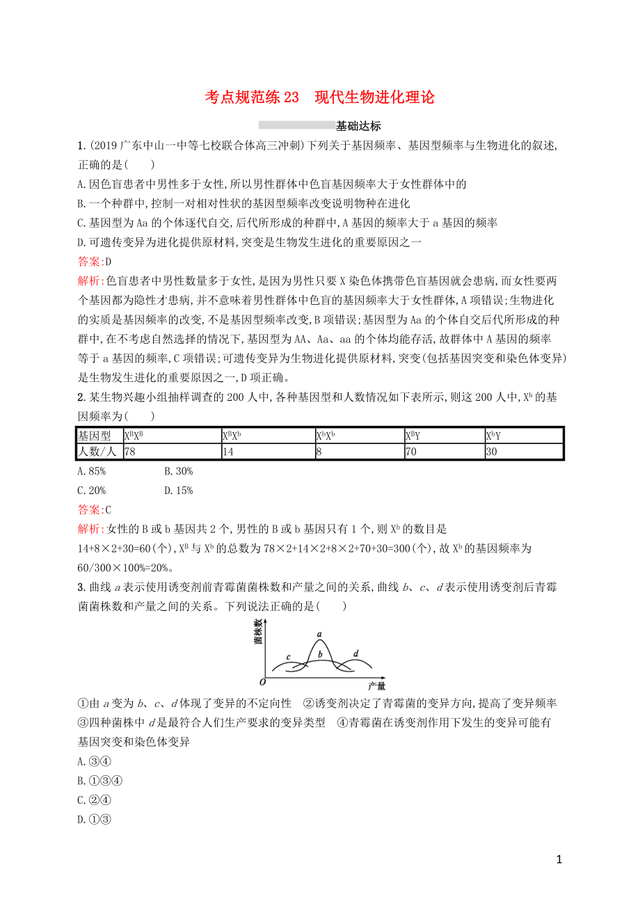 （廣西專用）2021版高考生物一輪復(fù)習(xí) 考點(diǎn)規(guī)范練23 現(xiàn)代生物進(jìn)化理論（含解析）新人教版_第1頁