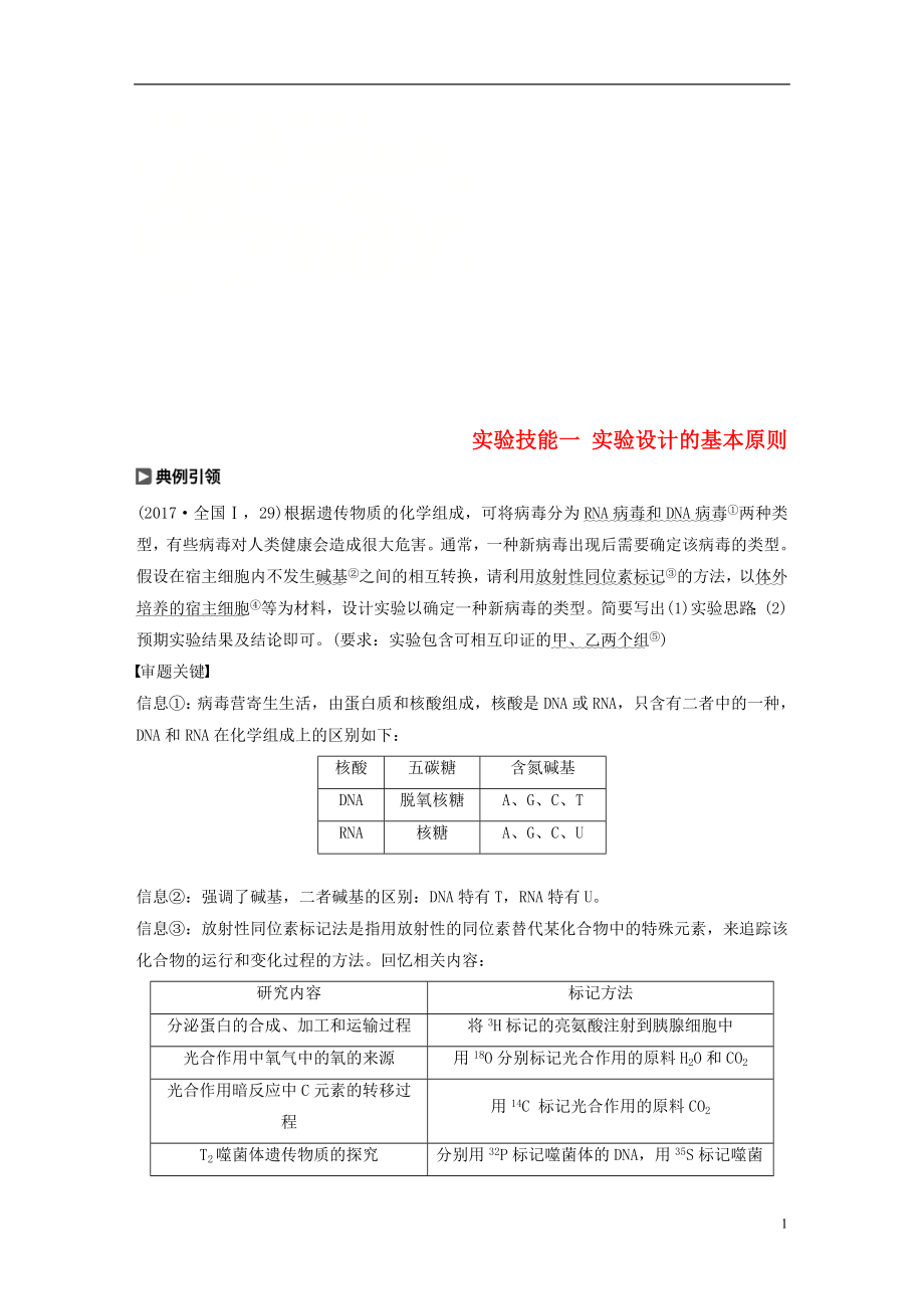 2018-2019學年高考生物大一輪復習 第一單元 細胞的概述及其分子組成 實驗技能一 實驗設(shè)計的基本原則學案_第1頁