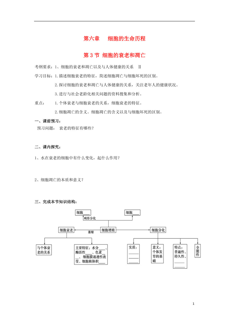 吉林省长春市高中生物 第六章 细胞的生命历程 第3节 细胞的衰老和凋亡导学案（无答案）新人教版必修1_第1页