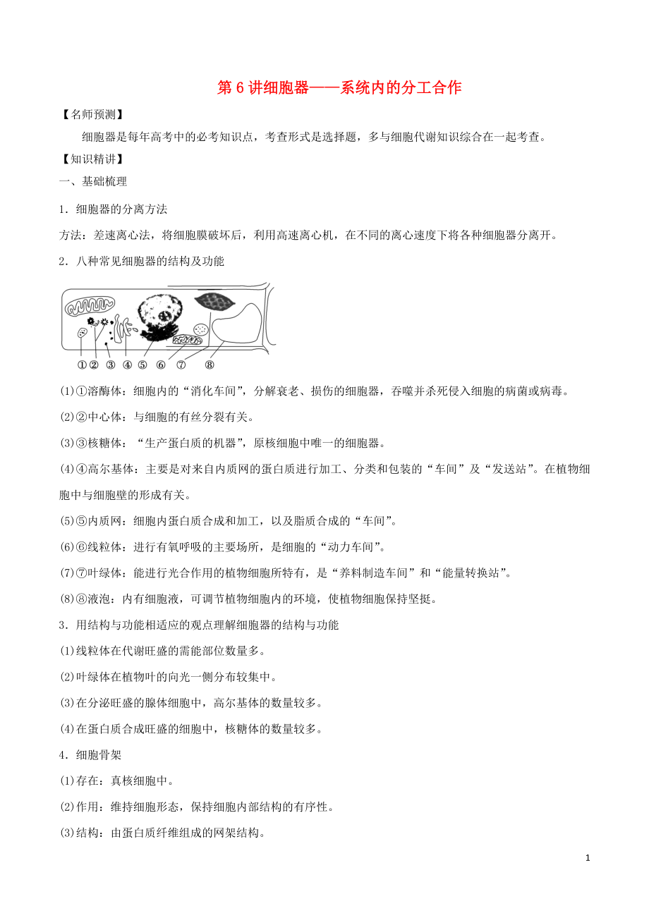 山東省2020年高考生物一輪復習 考點掃描 專題06 細胞器---系統(tǒng)內(nèi)的分工合作（含解析）_第1頁